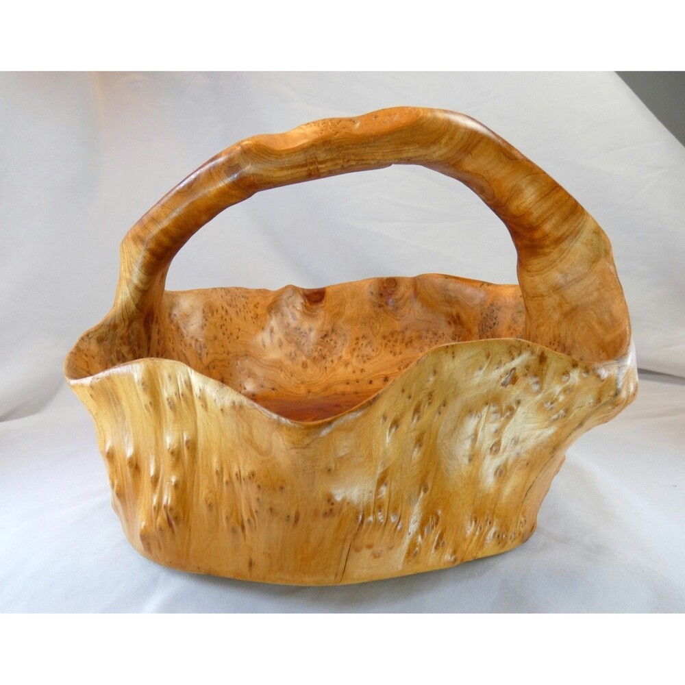 Hand-Carved Burl Wood Basket Bowl Folk Art OOAK
